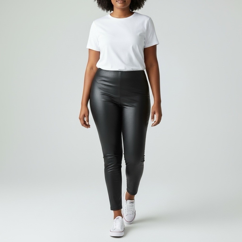 SPANX Womens‎ Faux Leather Metallic Leggings Black High Waisted Plus Size 3X